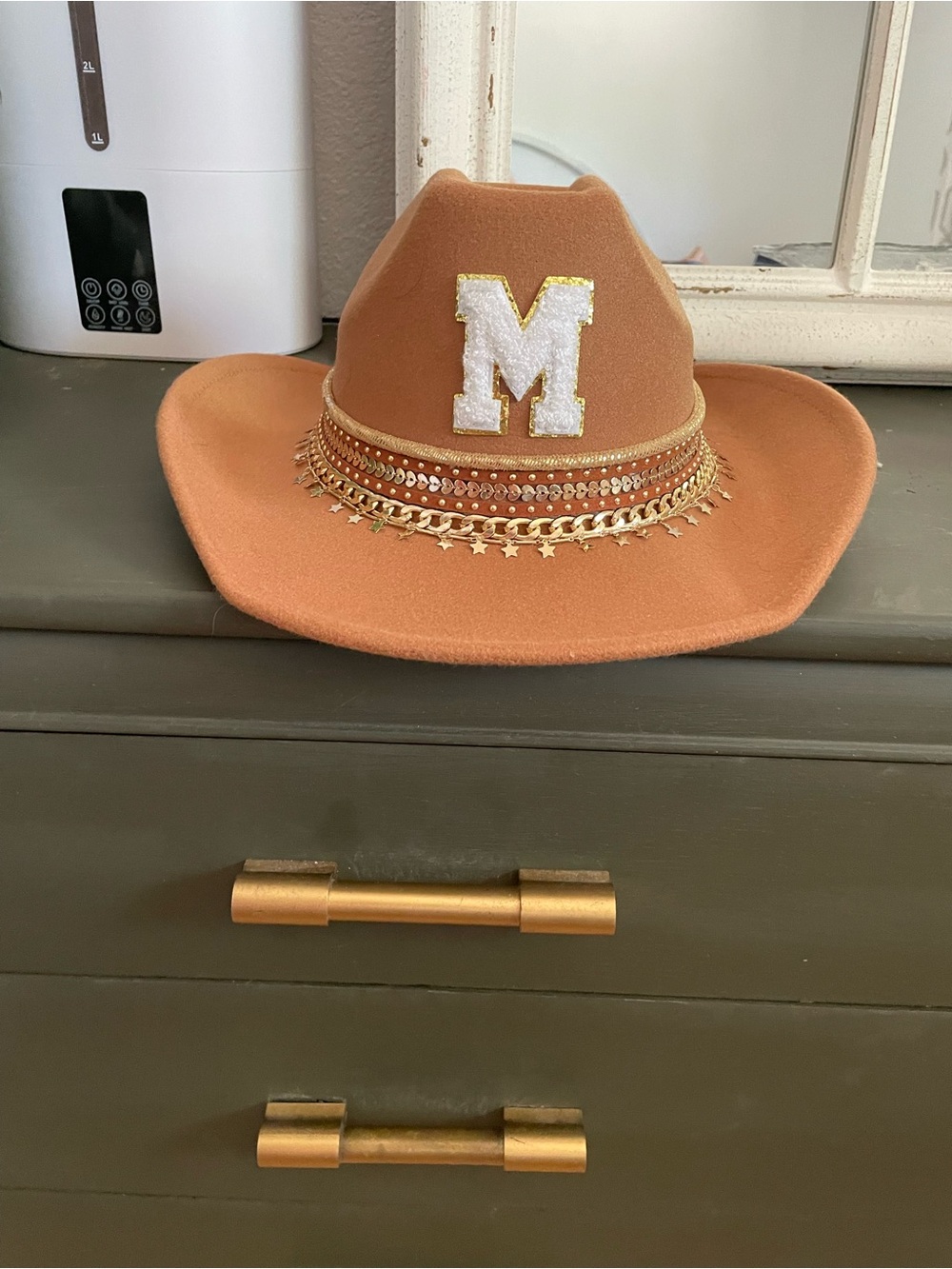 Embellished Brown Felt Cowboy Hat with 'M' Patch